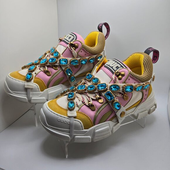 Gucci Journey Flashtrek Crystal Sneakers Jewel Chunky Sole Pink/Yellow/White - Picture 12 of 14